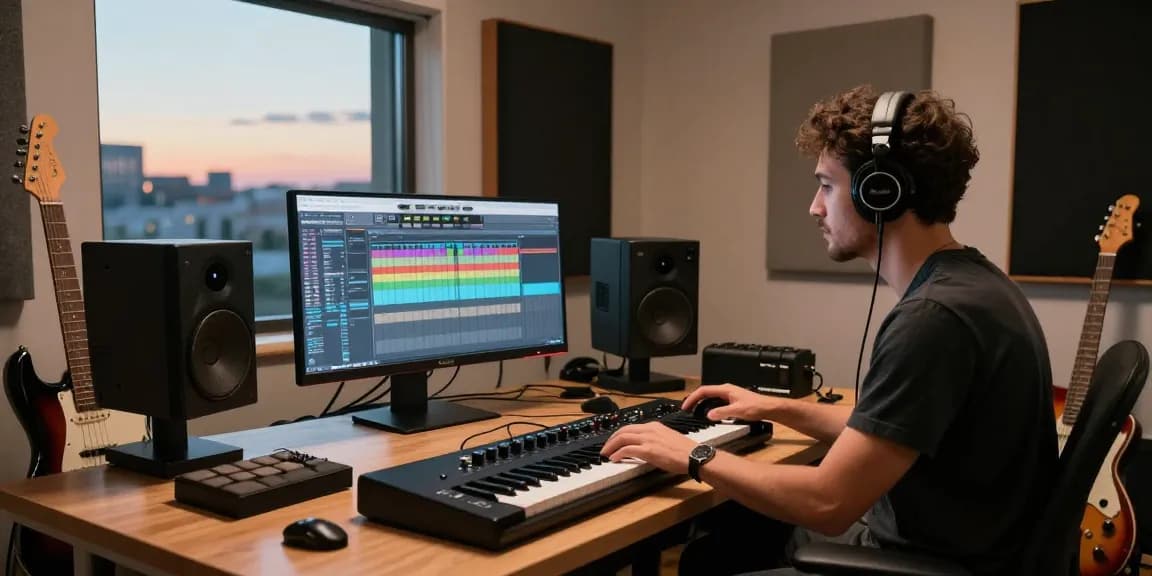 Music producer immersed in creating with Roland SC88 sound module in a cozy home studio.