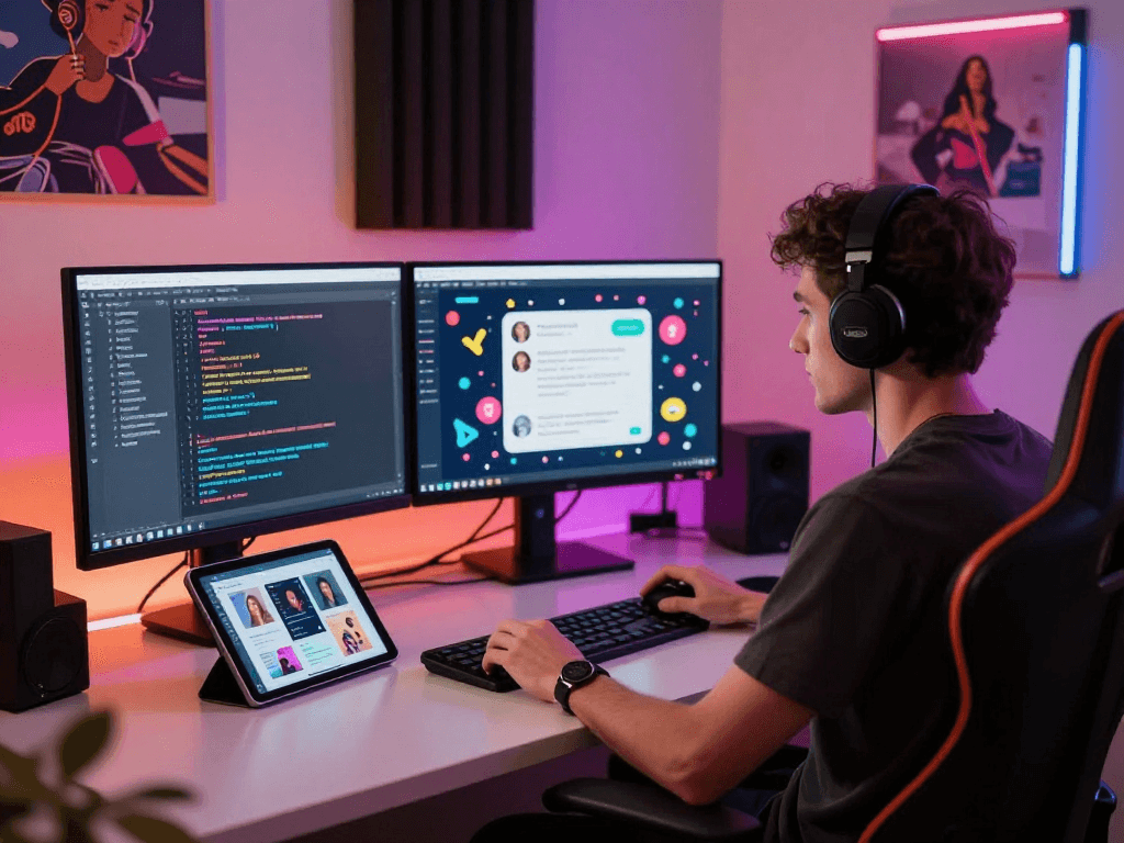 AI chat porn interface development in a vibrant digital studio with innovative tech elements.