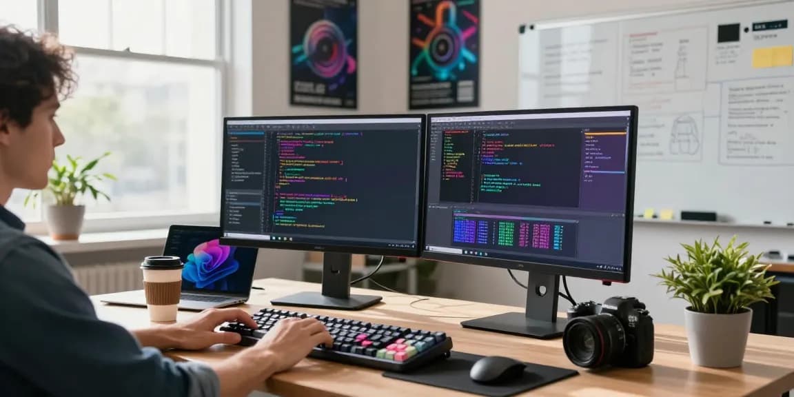快连 connected to a vibrant tech workspace with a developer coding on dual monitors in a modern office.