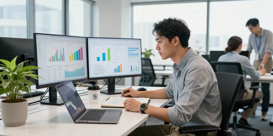 Business professional analyzing IDXSTAR insights in a modern office workspace