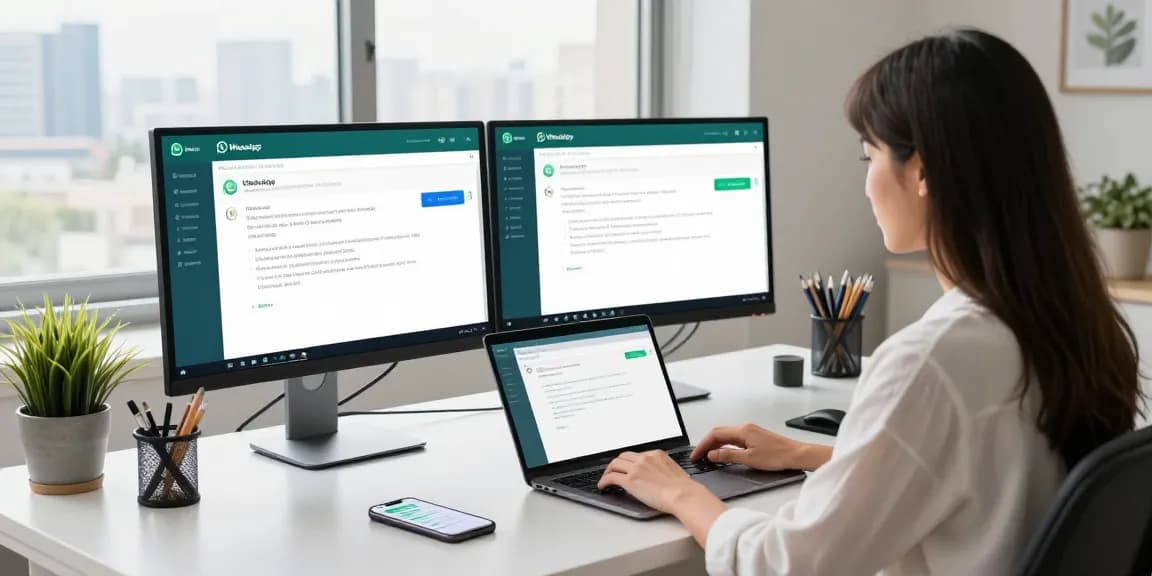 Woman using WhatsApp網頁版 on dual monitors in a modern home office setting
