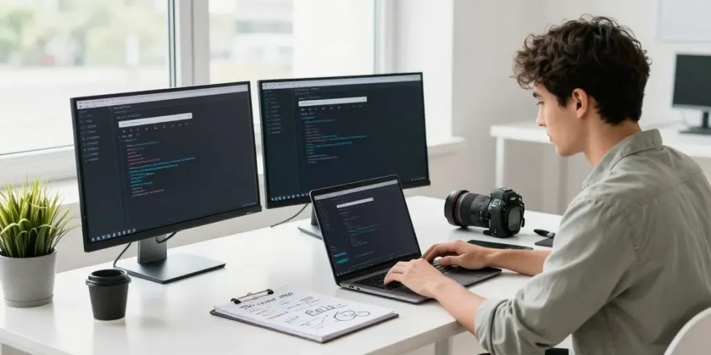 Developer showcasing instant indexing techniques in a vibrant workstation