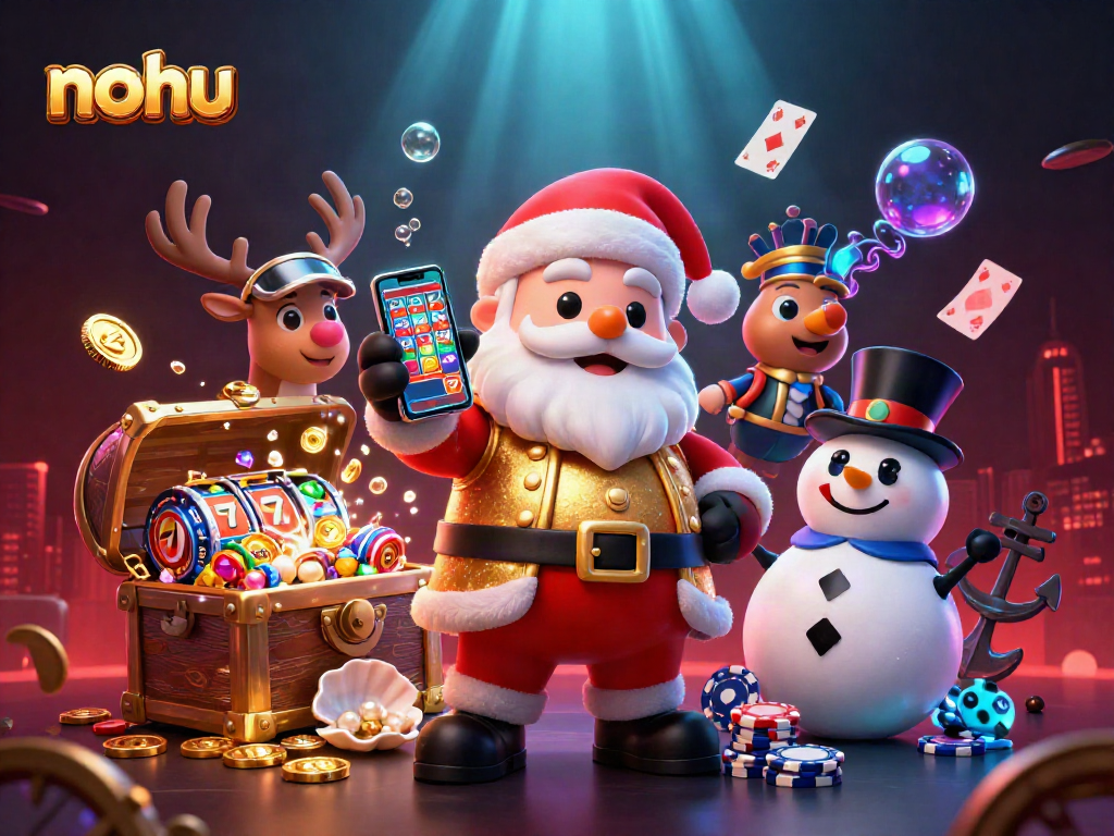 Nohu showcases Santa Claus and friends in a vibrant casino adventure with slot elements.