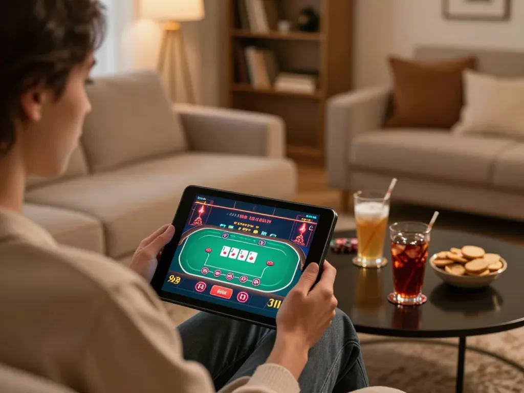 Engaging in live dealer gaming on hwg500 with cozy home decor and interactive tablet.