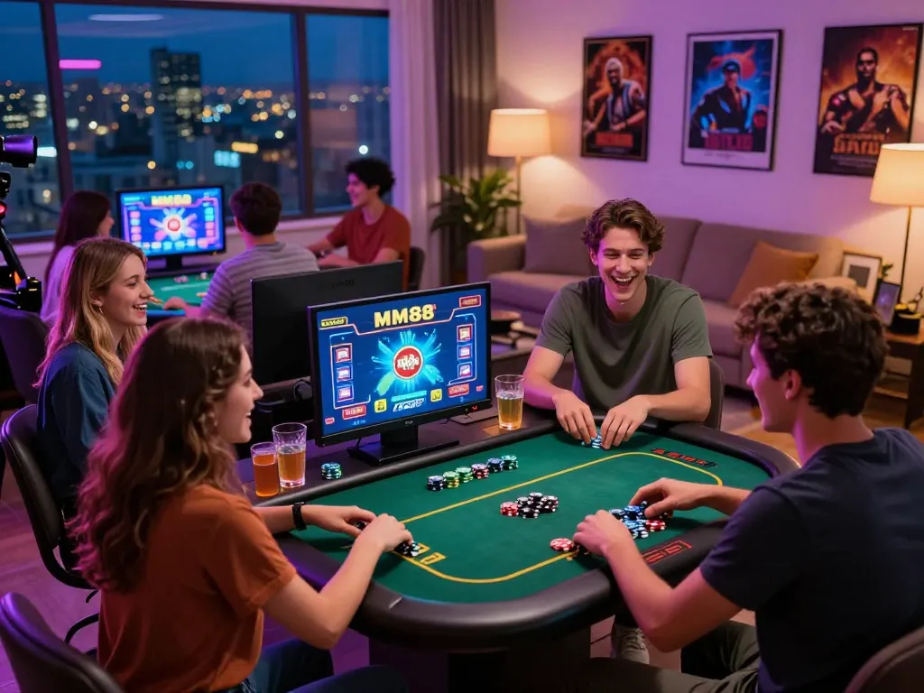 Exciting online gaming night featuring friends playing MM88 games with vibrant lights.