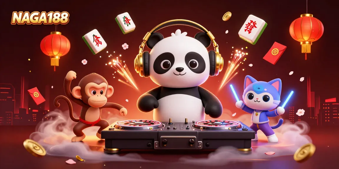 NAGA188 hadir dengan ilustrasi kartun DJ panda, penari monyet, dan kucing bersinar, menciptakan suasana kasino yang meriah.