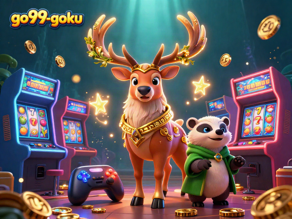 Go99-goku offers fun gaming action with a druid stag and badger in this illustrative casino scene.