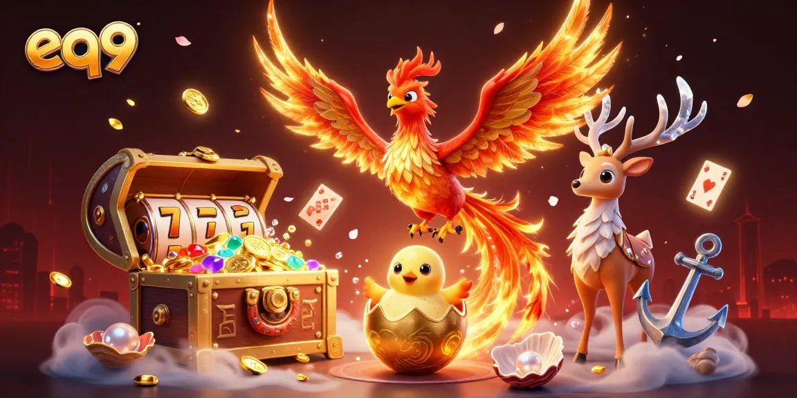 Experience the thrill of EQ9 with a vibrant casino scene featuring a fiery phoenix and slot reels!