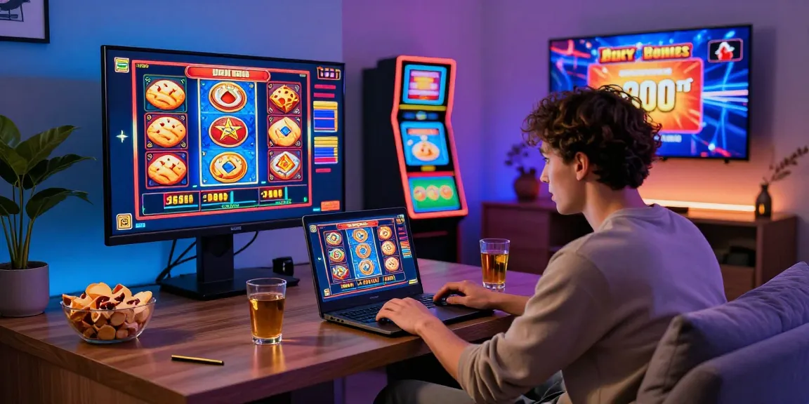 Giocatore che si diverte con l'esperienza di gioco dei casinò non AAMS a casa, circondato da grafiche vivaci di slot e contenuti promozionali.