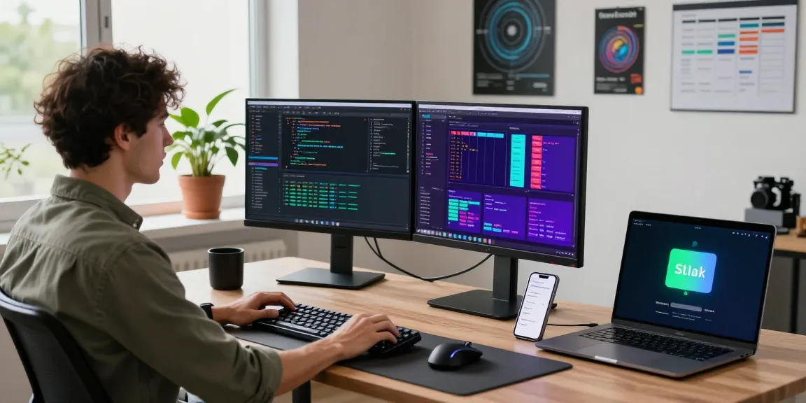 快连 software developer working in a vibrant office, coding with dual monitors and modern setup.