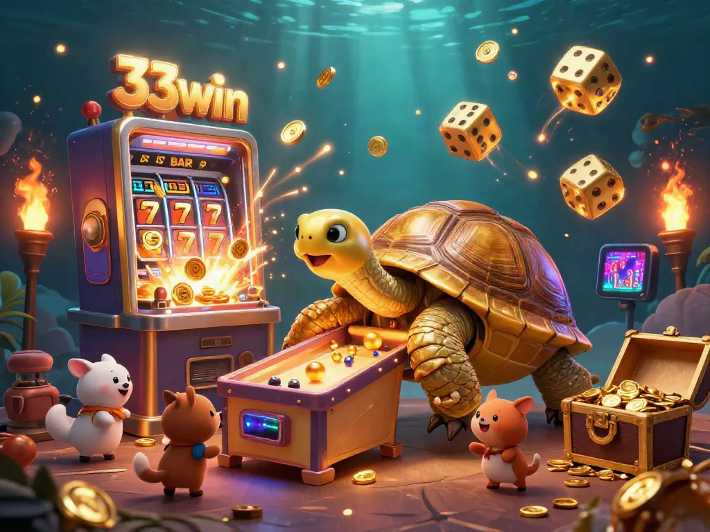 Experience the excitement of 33win as players engage with vibrant casino-themed elements and a golden tortoise.
