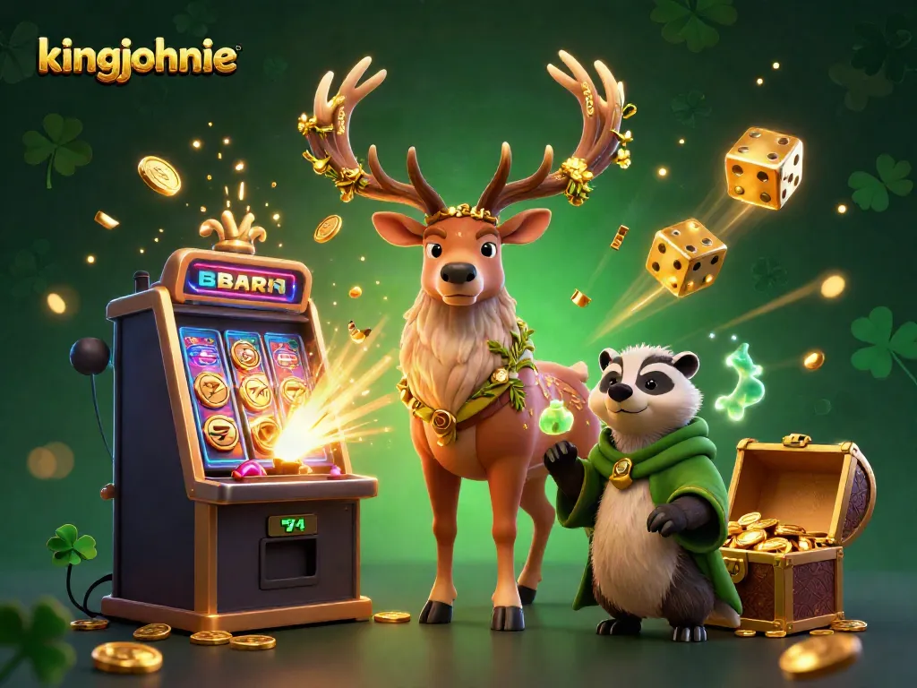 Experience the excitement of kingjohnnie casino with a vibrant 3D illustration of magical characters and winning symbols.