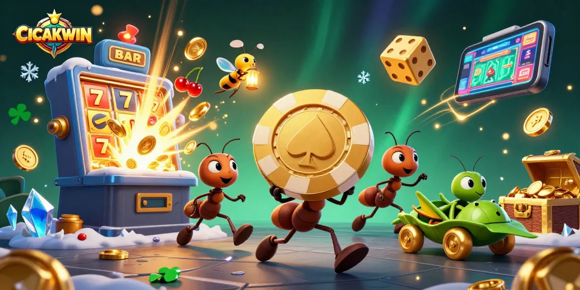 CICAKWIN showcases ants on a heist with a golden chip, amidst dynamic casino elements.
