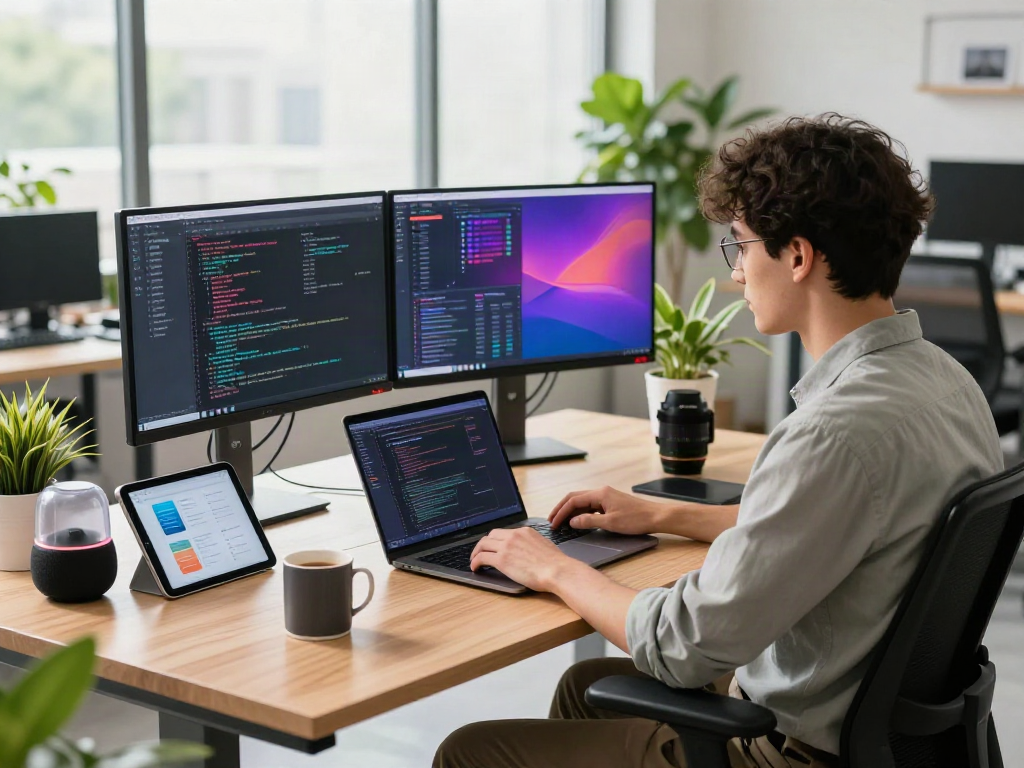 Tech workspace with a developer coding for ia +18 in a modern office