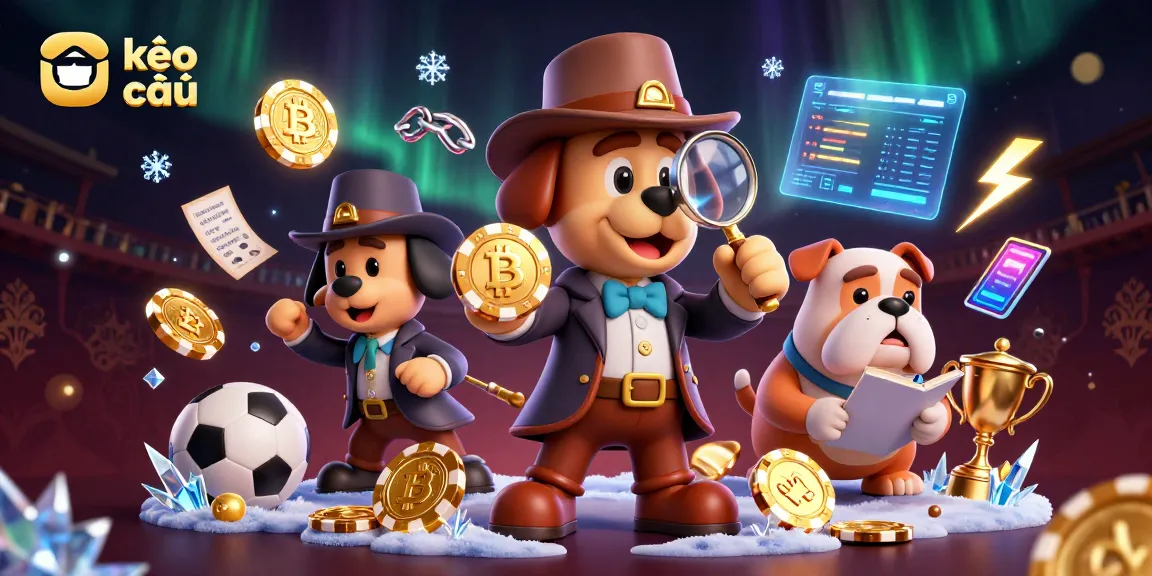 Discover kèo nhà cái as a detective examines a golden poker chip while clues scatter around in this thrilling gambling scene.