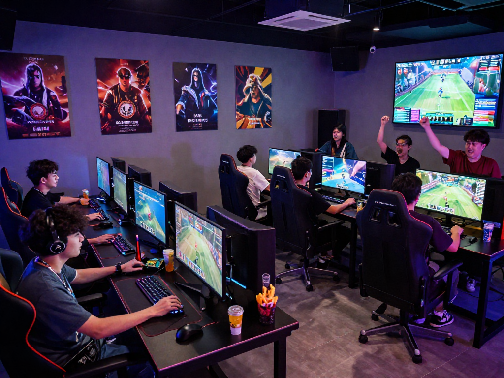 KOMBET168 gamers in a modern gaming lounge with vibrant lighting and high-tech setups.
