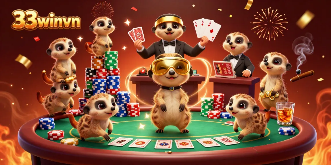 Experience the vibrant energy of 33winvn's thrilling casino scene packed with meerkats and gaming excitement.