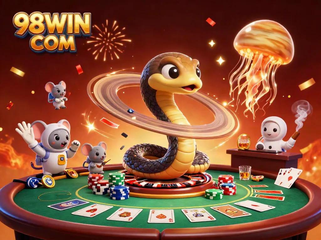 Experience thrilling gameplay at 98WIN COM with cartoon characters engaged in vibrant casino action.