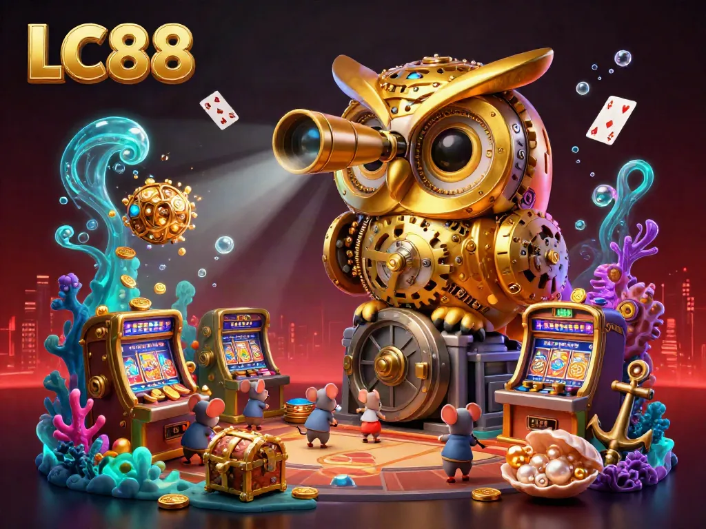 Engage with the vibrant LC88 casino experience through a dynamic scene with an owl overseeing gold coin treasures and lively mouse patrons.