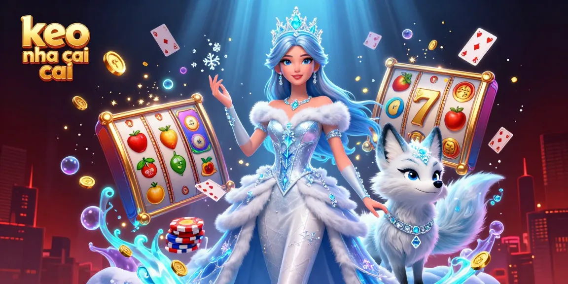 Experience exciting gaming with keo nha cai, featuring vibrant visuals, slot reels, and animated characters.