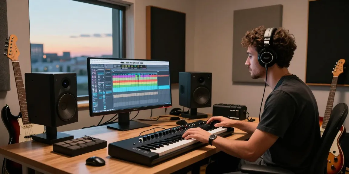 Music producer immersed in creating with Roland SC88 sound module in a cozy home studio.