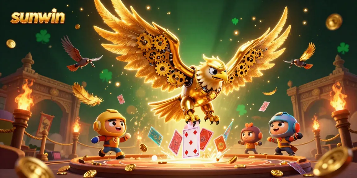 Experience thrilling gameplay at Sunwin with a dynamic 3D illustration of a golden eagle amidst falling cards and vibrant casino elements.
