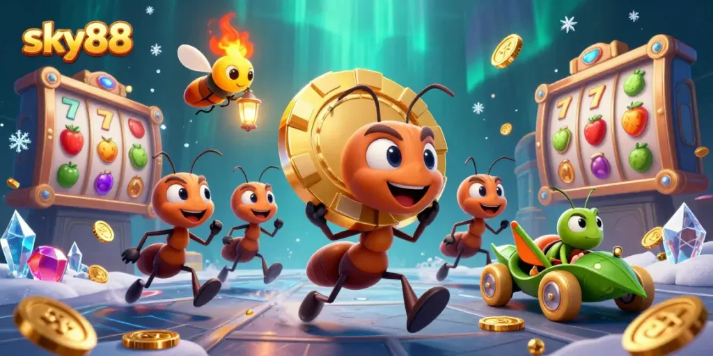 Engaging scene of ants in a heist at sky88 casino, featuring golden poker chips and dynamic gaming elements.