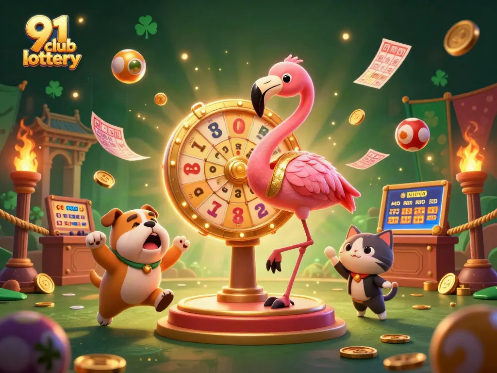 Engage with the thrilling 91 club lottery experience as a flamingo host spins the prize wheel.
