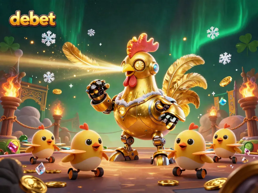Experience dynamic action at debet with a golden rooster robot and baby chick drones amidst a vibrant casino setting.