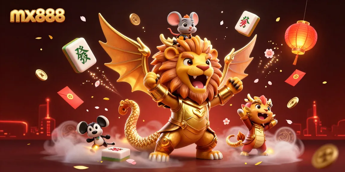 Engage with mx888's thrilling gaming scene featuring a roaring chimera and vibrant casino elements.