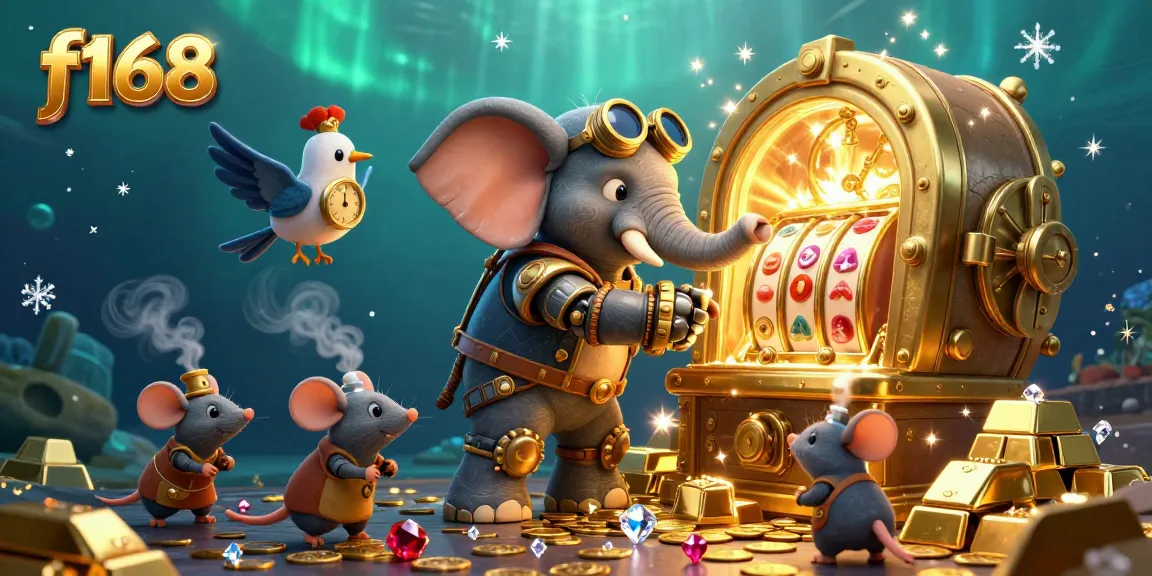 Experience the thrill of f168 with vibrant steampunk characters operating a dazzling slot machine surrounded by wealth.