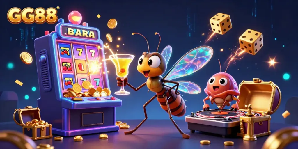 GG88 casino mascot and trilobite DJ in vibrant 3D scene with slot machine and jackpot features.