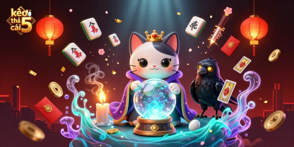 Engage in kèo nhà cái 5 with mystical fortune teller cat, glowing raven, and dynamic casino elements.