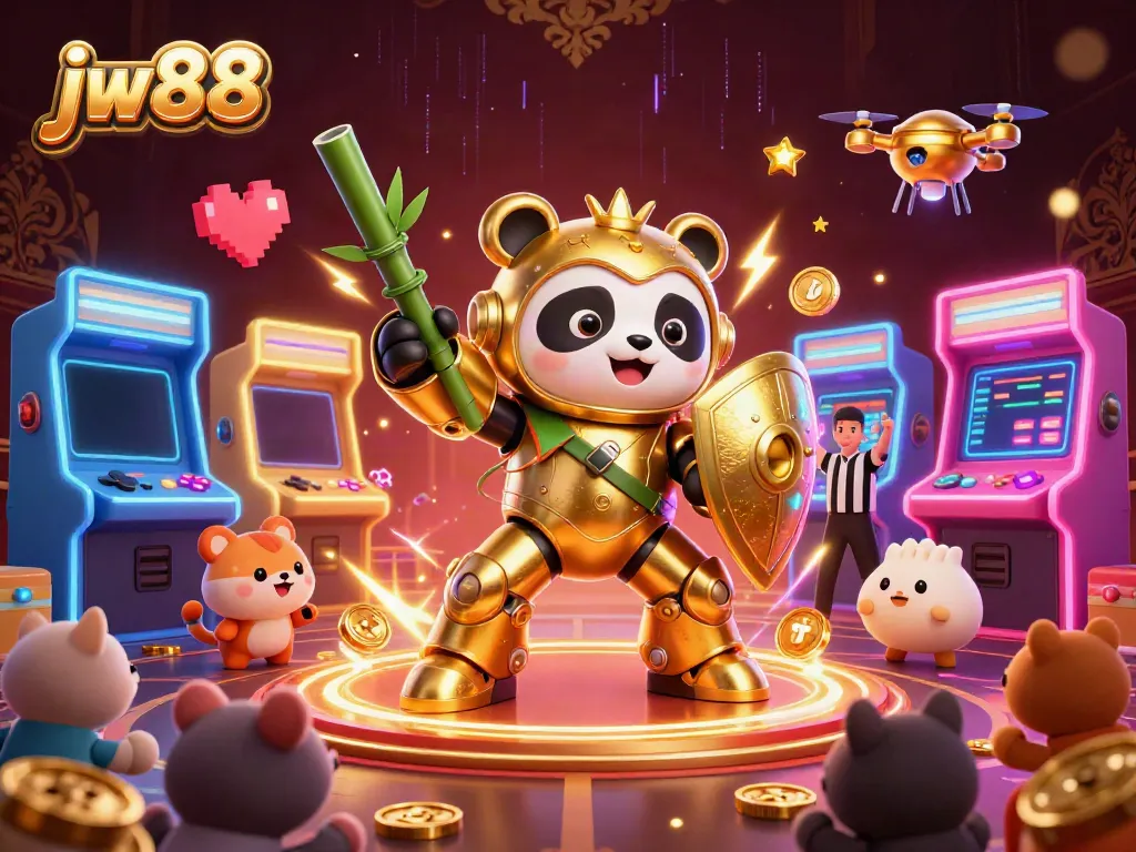 jw88 showcases a vibrant 3D combat scene featuring dynamic gambling elements and colorful arcade features.