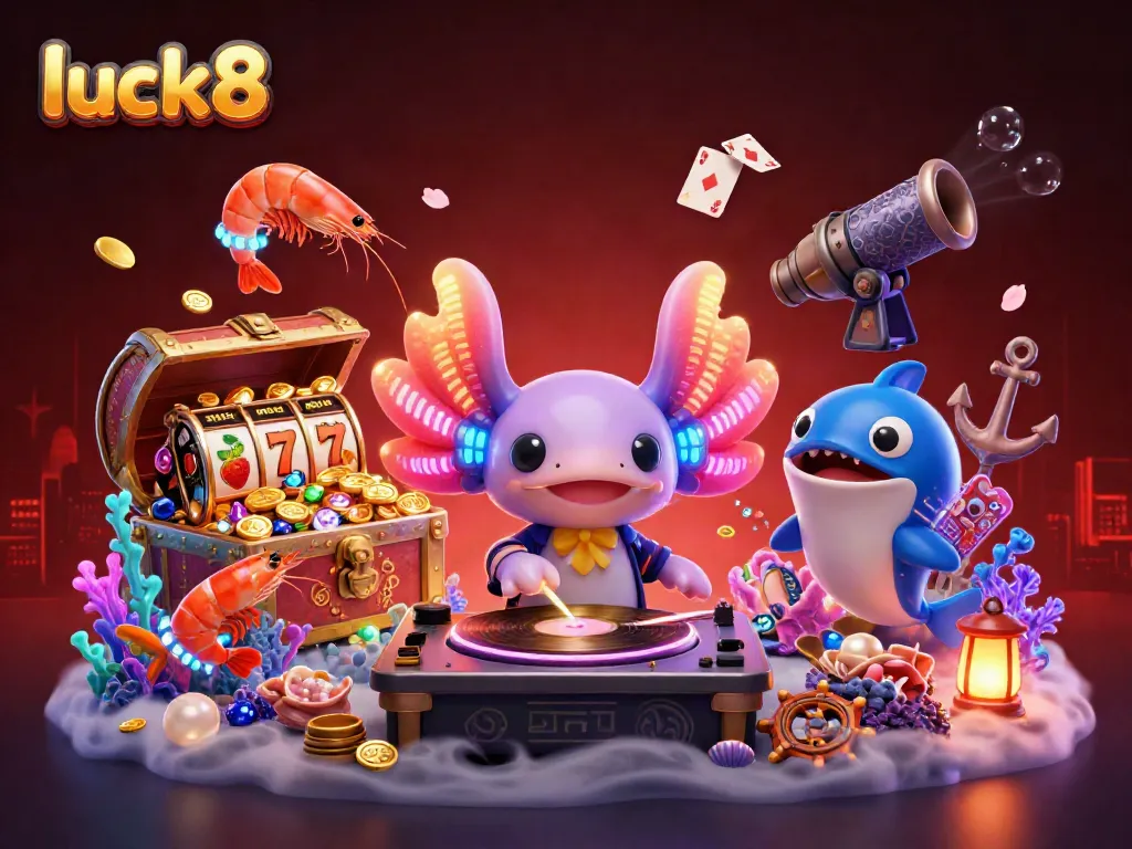 Experience luck8's vibrant casino atmosphere with a neon axolotl DJ and lively sea creatures.