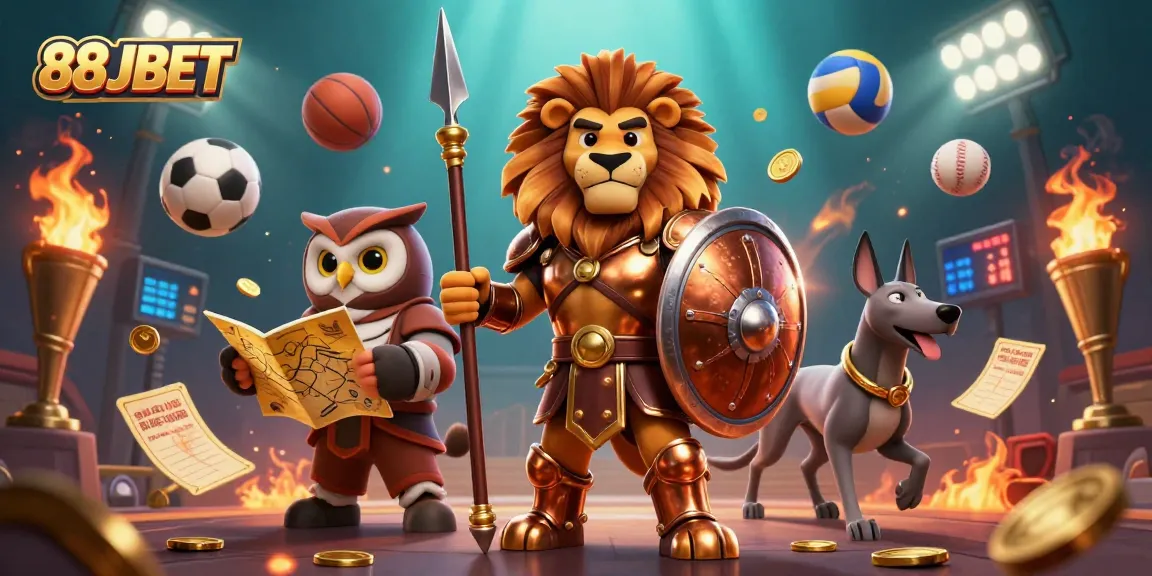 Engage in thrilling gaming adventures with 88JBET's dynamic character trio amidst sports elements and action.