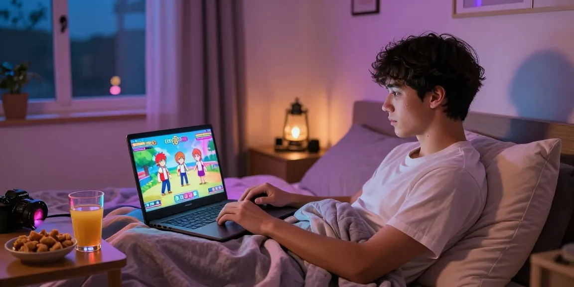 Engaging in an ecchi simulator game in a cozy bedroom.