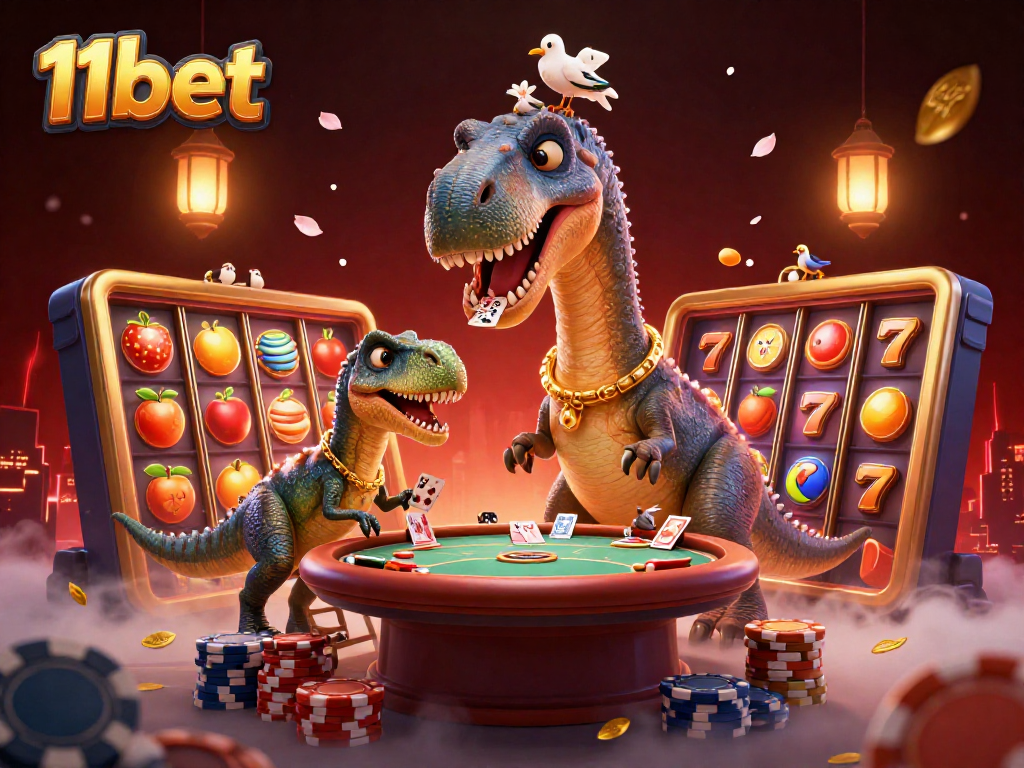 Experience thrilling moments with 11bet at a vibrant casino featuring a giant brontosaurus!