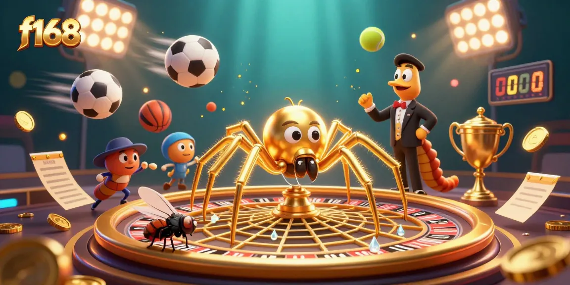 f168 captivates players with an exciting scene of a spider spinning a roulette wheel web.