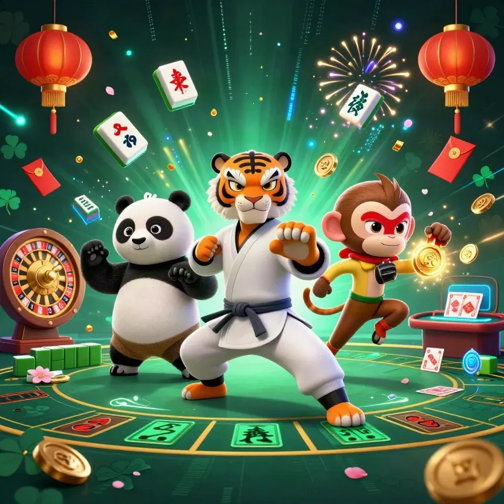 3 kung-fu casino mascots on neon stage with spinning roulette, mahjong tiles, lanterns and energy bursts