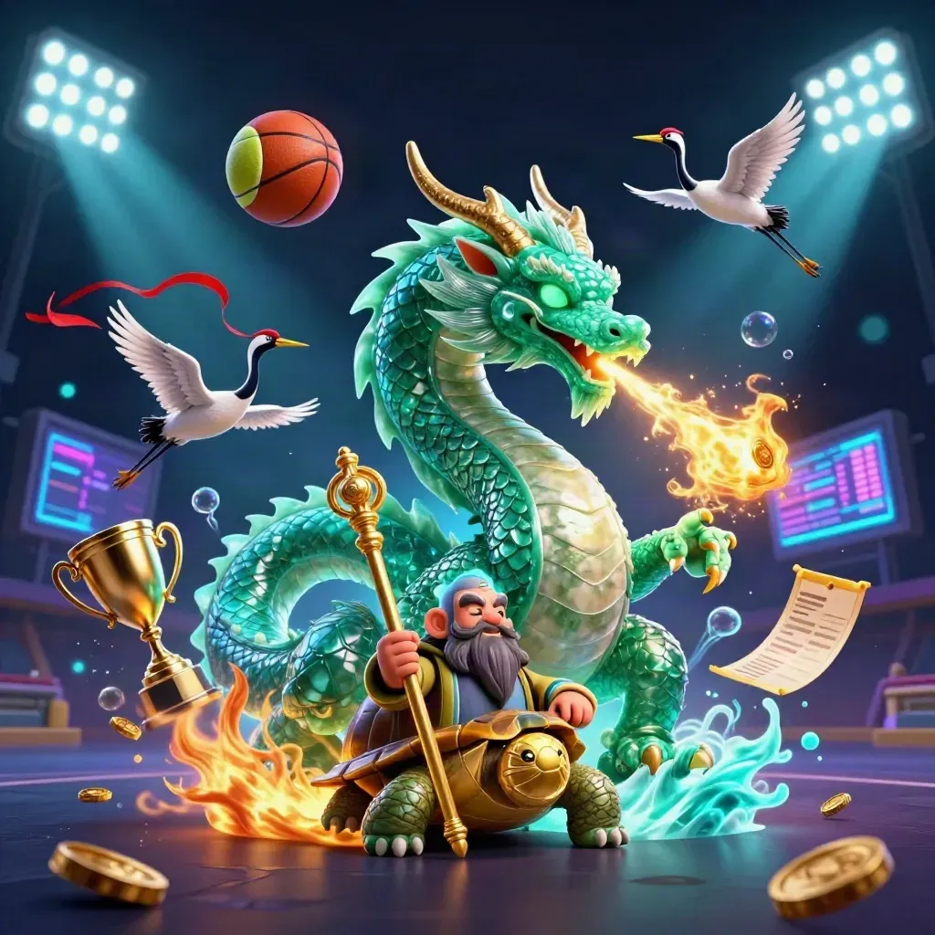 Jade dragon, turtle sage and cranes amid flying sports balls, gold fire and neon casino light