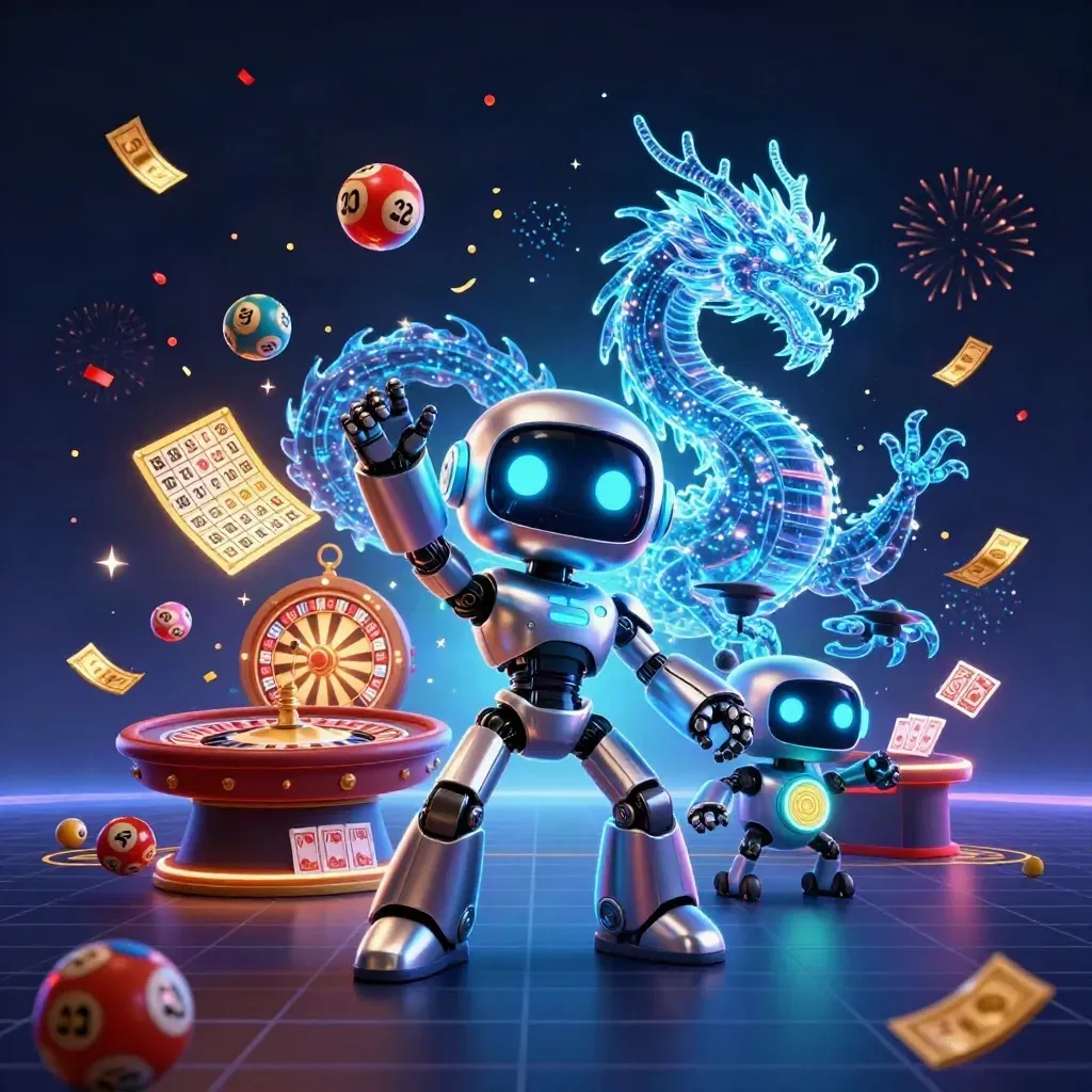 Cyberpunk robot, holographic dragon and coin drone amid neon casino effects and blue glow.