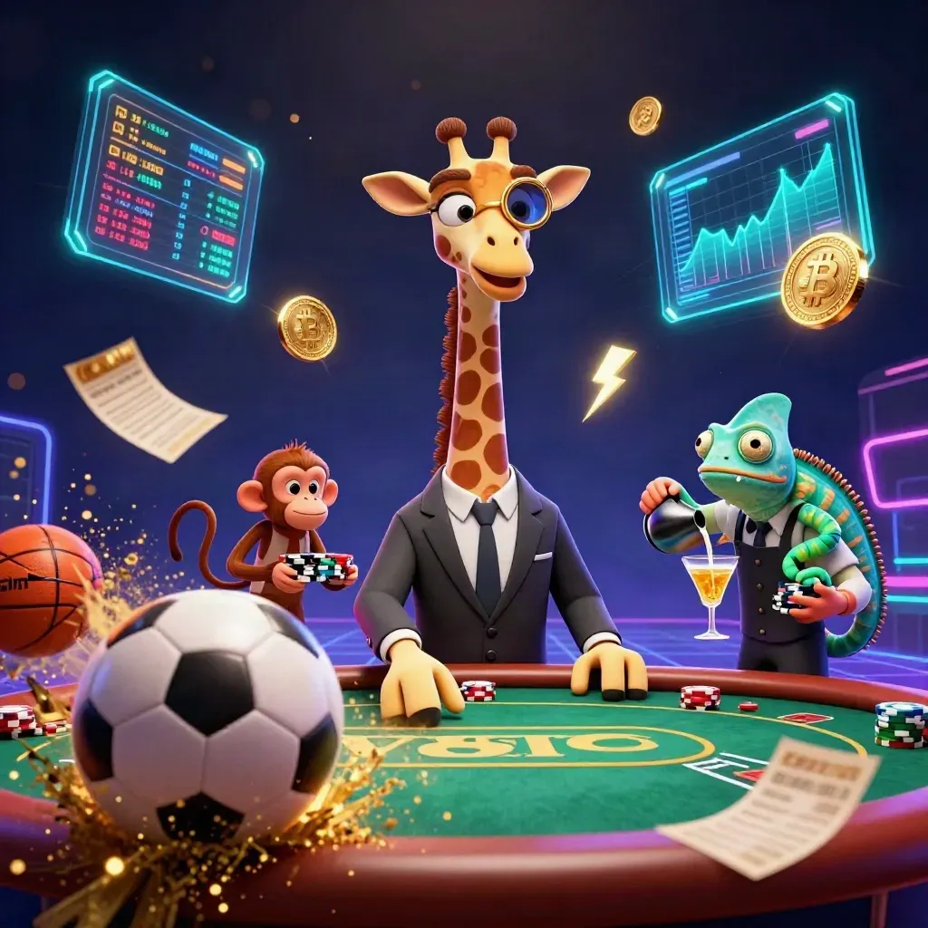 Neon casino animals at a poker table with sports balls, coins, and electric effects
