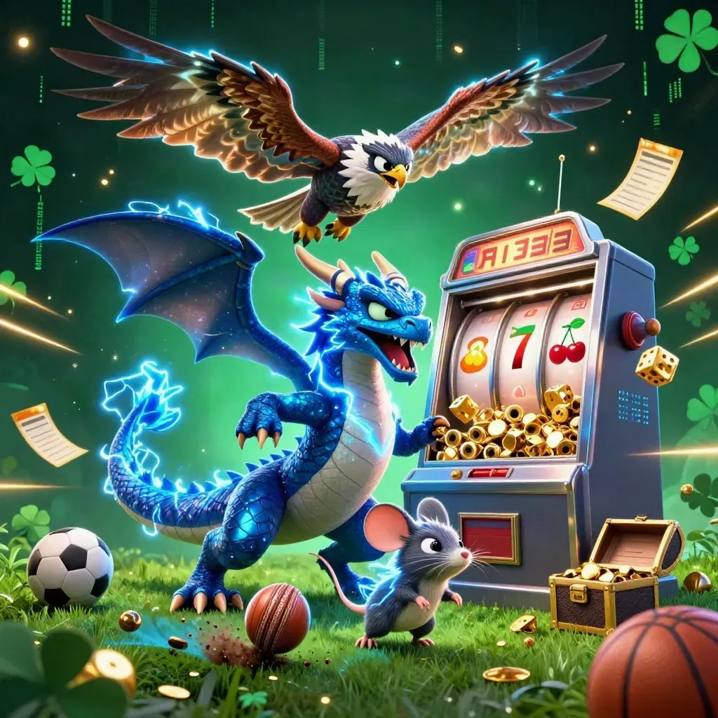Thunder dragon, hawk and static mouse amid casino bursts, cricket ball and neon sports props.