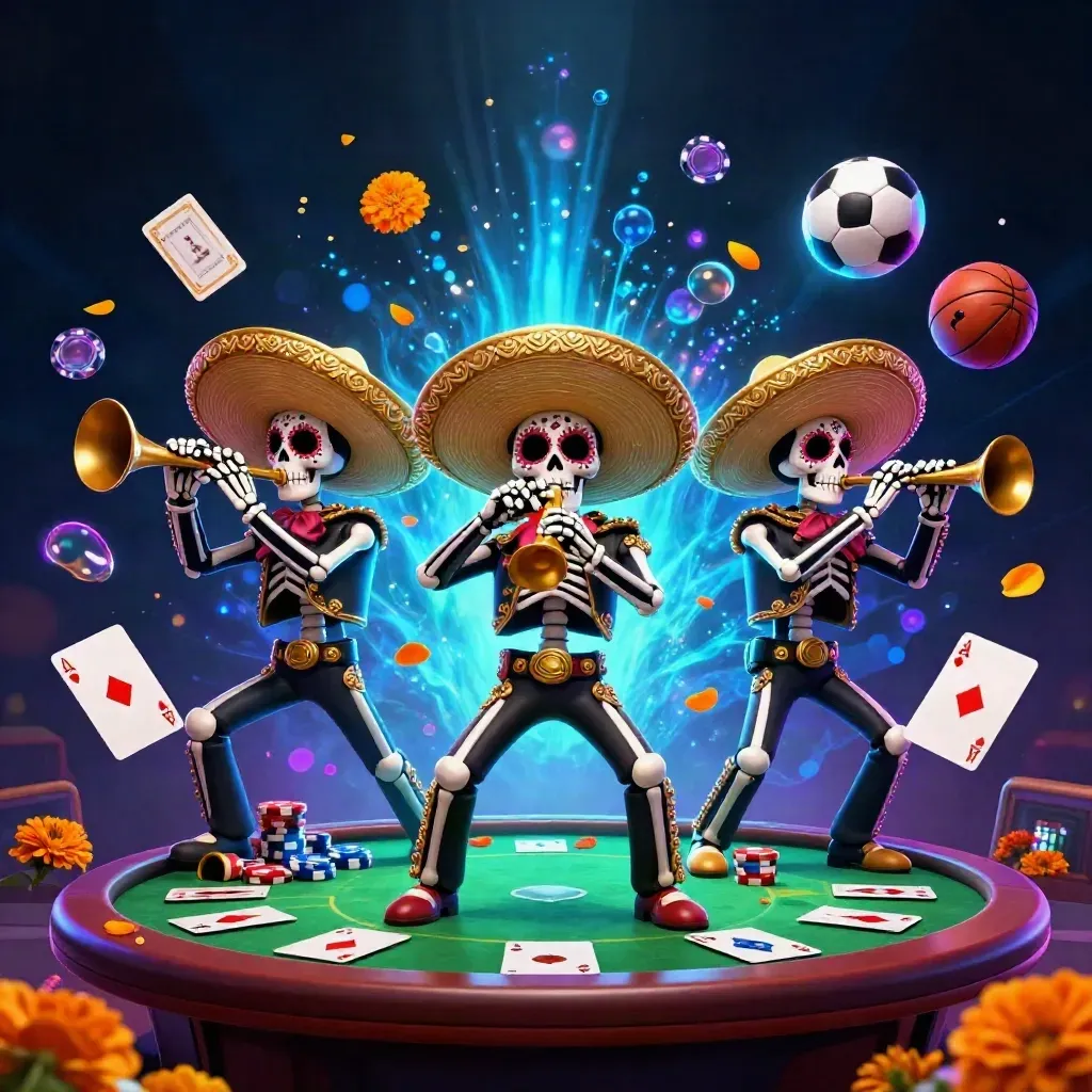 Skeleton mariachi trio amid poker chips, cards, ball props, and neon casino glow