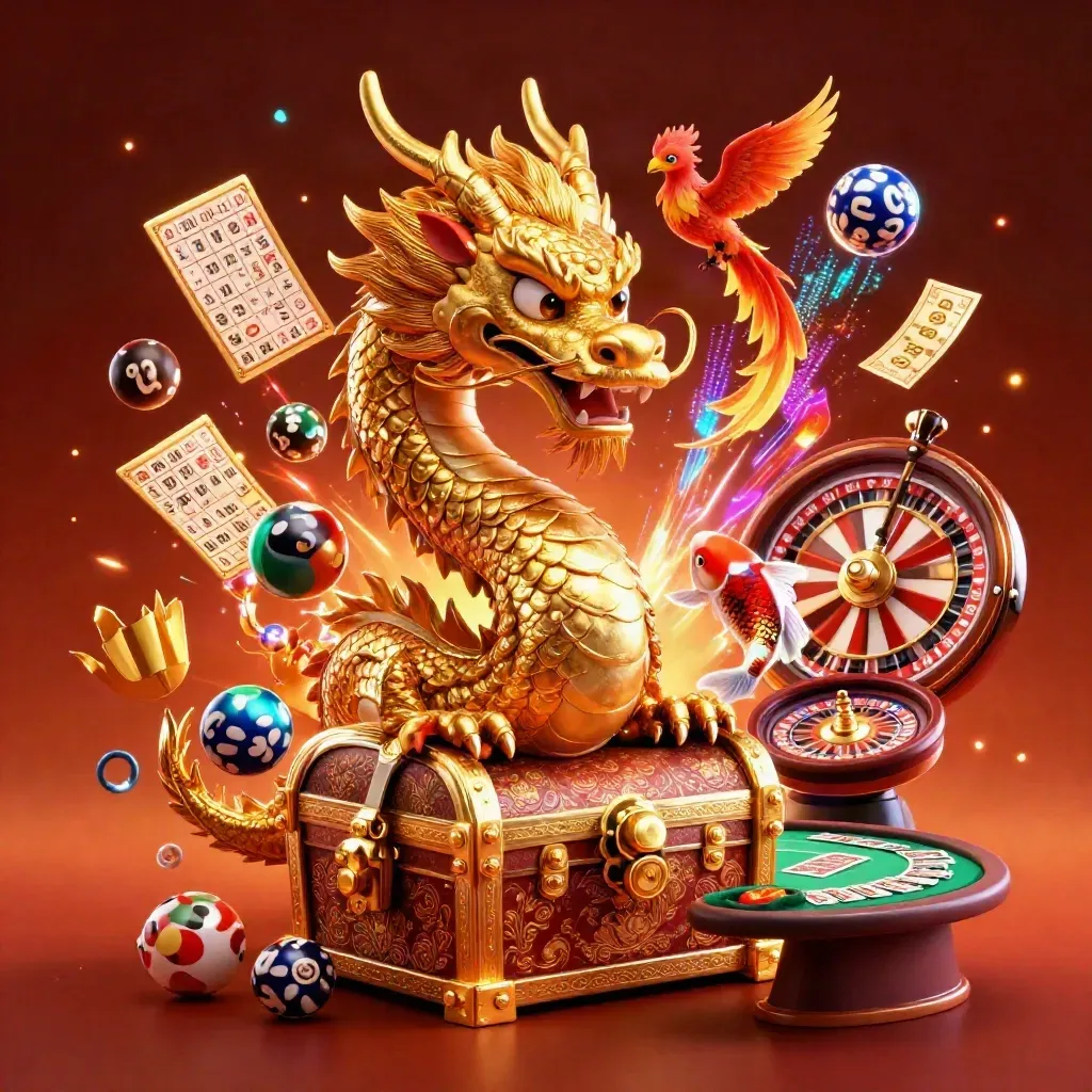 Dragon, phoenix and koi erupt around casino wheel, treasure, and glowing lights.