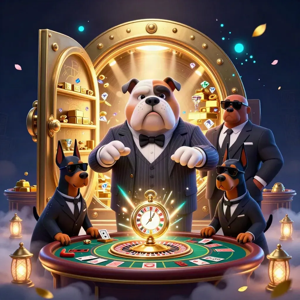 Cartoon bulldog boss with Dobermans in a glowing vault room, gold bars, gems, and casino energy.