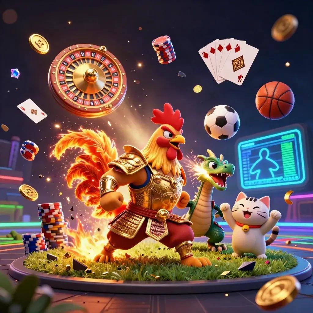 Rooster warrior, dragon hatchling and fortune-cat amid coins, chips, cards and sports gear.