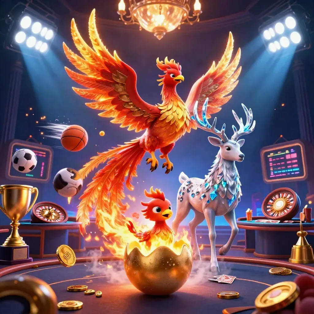 Phoenix, stag, and hatchling blaze in a neon casino room with sports balls, gold, and roulette.