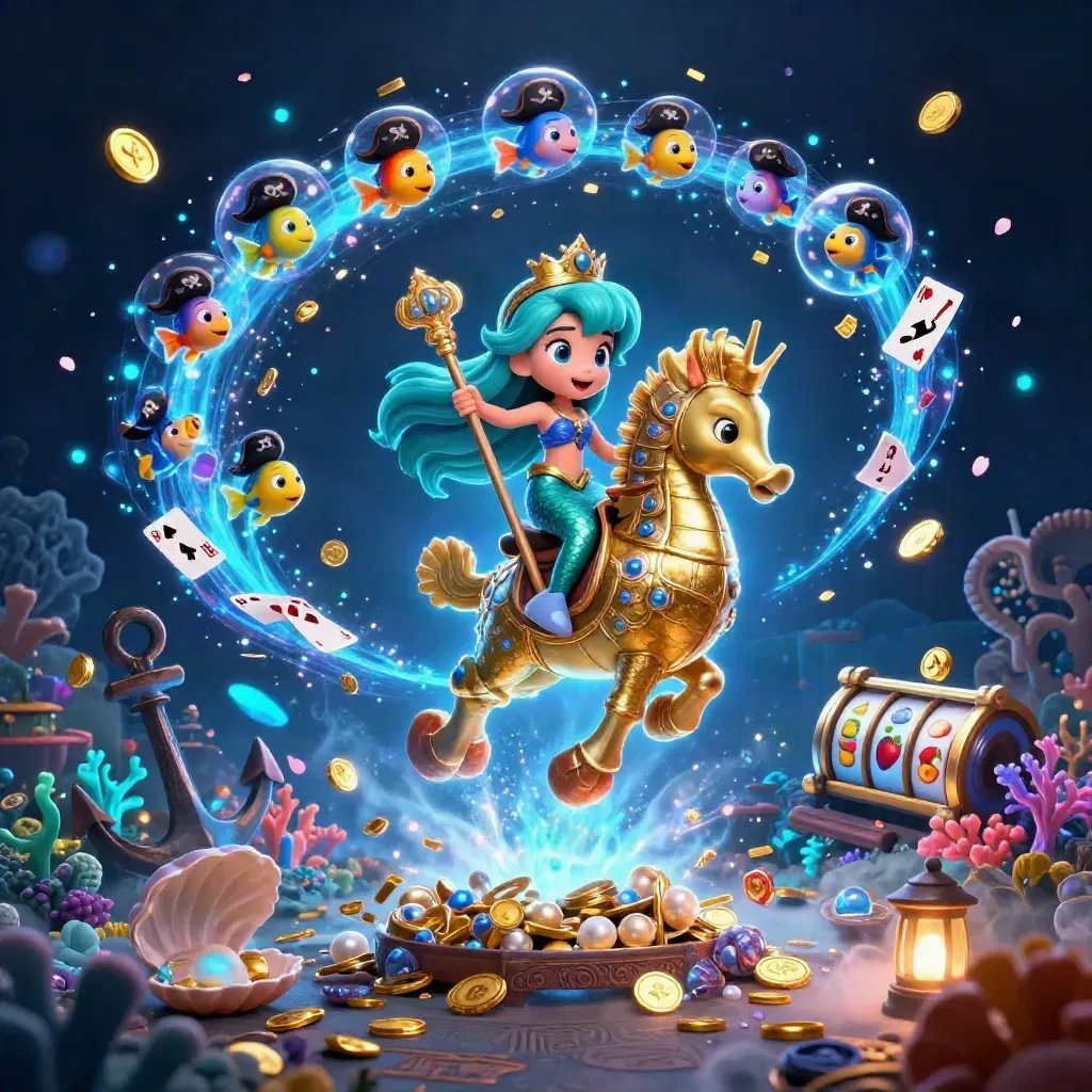 Mermaid princess rides an armored seahorse through a glowing treasure cove with pirate fish.